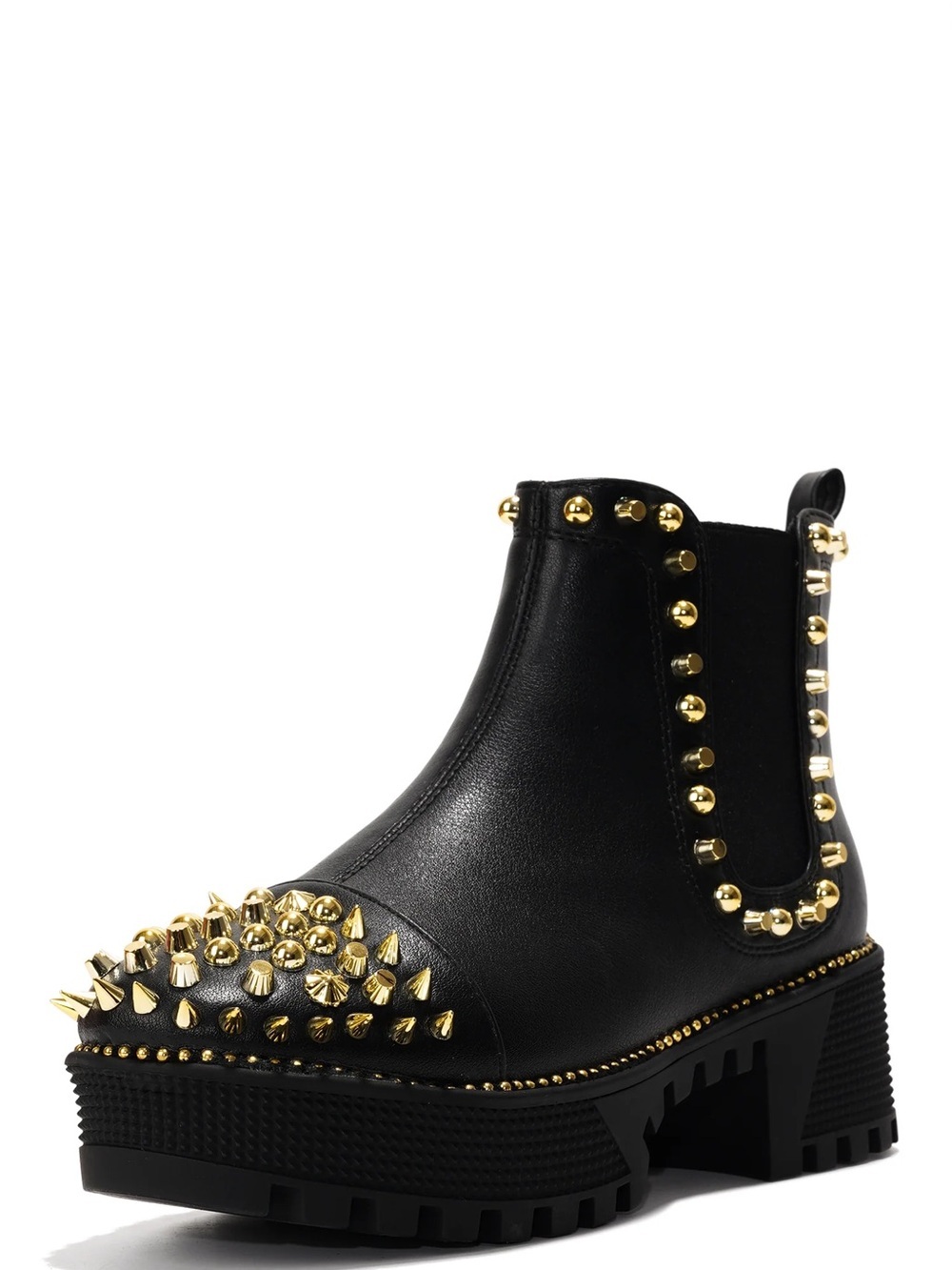 Black Leather Studded Chelsea Boot with Gold Accents